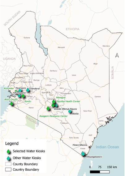 Map of Kenya showing the locations of Maji Safi safe water kiosks with SkyHydrant ultra-filtration technology